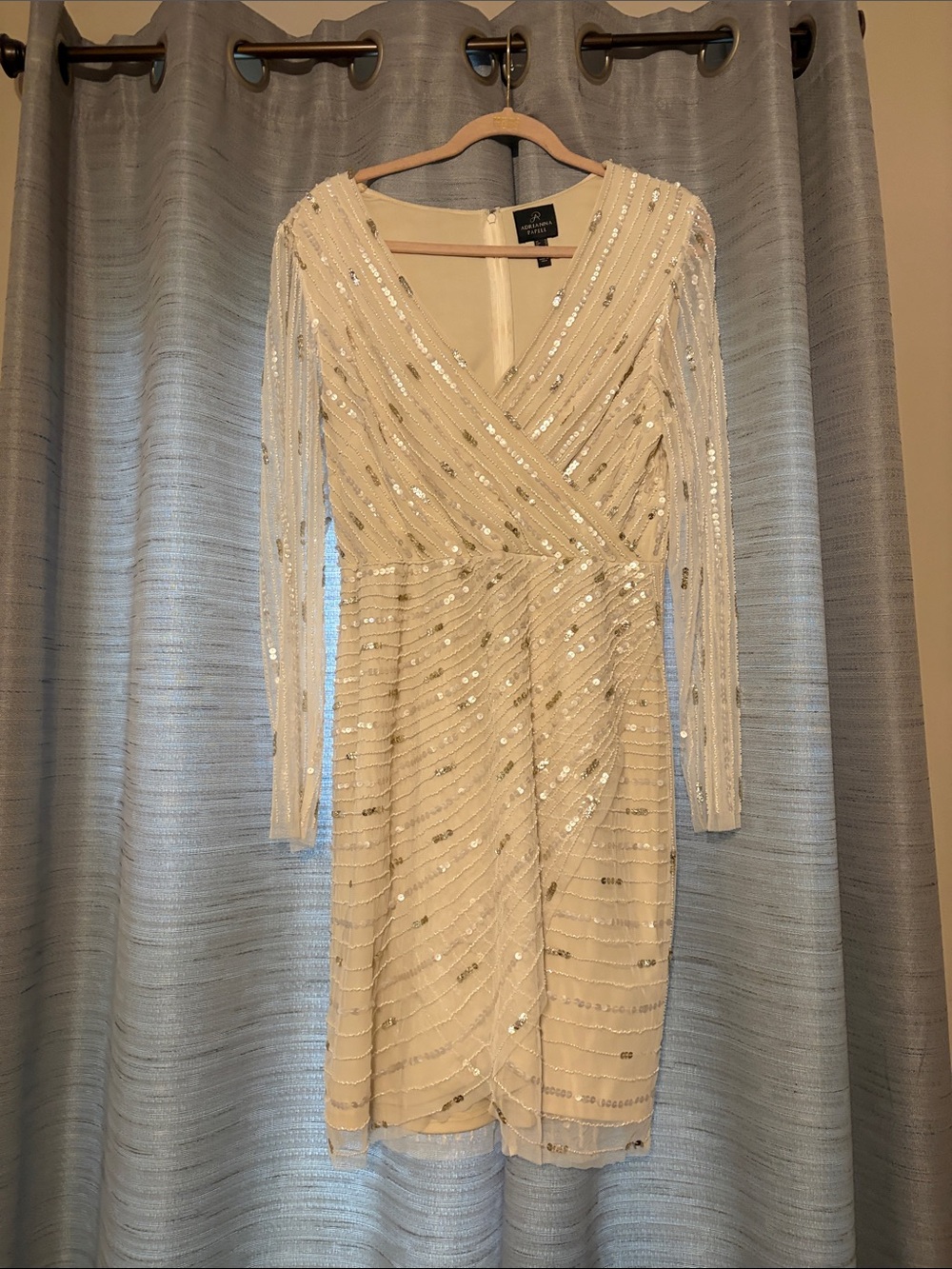 Adrianna Papell Ivory Long-Sleeve Sequin Wrap Cocktail Dress